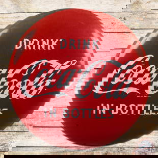 Drink Coca Cola in Bottles 36" Single Sided Porcelain Button Sign: SSP (single sided porcelain) button sign has very good color and gloss. The field has light wear with chips. The perimeter has small chips at mounting holes with minor edge discoloration. The sign