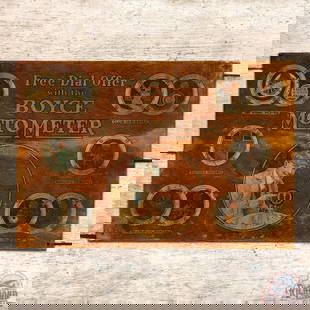 Boyce Moto Meter "Free Dial Offer" SS Wooden Sign: Single sided wooden sign has good color and shine. The sign has light surface wear with numerous tiny non-factory holes in the fields with two larger holes in the right field. The left outer field