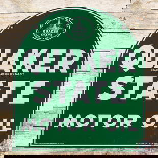 Nice Quaker State Motor Oil Double Sided Tin Tombstone Sign: DST (double sided tin) tombstone sign has outstanding color and shine. The display is very clean overall with light surface wear. The reverse is very similar to the display. Both factory grommets are