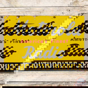 Motorola America's Finest Radio Authorized Service Double Sided Tin Sign: DST (double sided tin) sign has good color and shine. The display has light wear and small paint chips in the fields. The perimeter has oxidation with larger paint chips and a bend on the upper left c