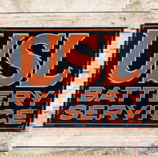 USL Battery Service Double Sided Tin Sign: DST (double sided tin) sign has good color and moderate shine. Side #1 has general surface wear with fading, paint chips and scratches. The reverse is in a similar condition. Both factory grommets are