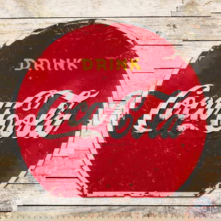 1941 Drink Coca Cola Double Sided Porcelain Sign: DSP (double sided porcelain) sign has good color and moderate gloss. The sign exhibits general wear throughout with chips and heavy surface scratches in the fields. The perimeter has chips with added