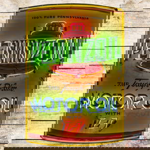 Pennzoil Z-7 Motor Oil Die Cut Quart Can Shaped Single Sided Tin Neon Sign: SST (single sided tin) sign with added neon and metal can has excellent color and shine. The sign features a quart can shape with a large graphic of the Pennzoil red bell logo in the center field. The