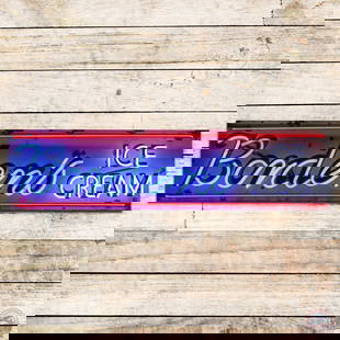 Borden's Ice Cream 5' Single Sided Porcelain Neon Sign: SSP (single sided porcelain) sign with added neon and metal can has very good color and gloss. The field exhibits light surface wear with bruises and chips. The perimeter has larger chips and crazing