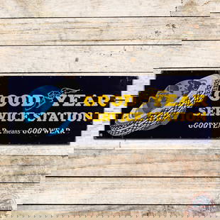 Goodyear Service Station 6' Single Sided Porcelain Sign w/ World & Tire Logo: SSP (single sided porcelain) sign has excellent color and gloss. The field exhibits light wear with small chips. The perimeter has chips along the outer edges. All in all an impressive Good Year sign