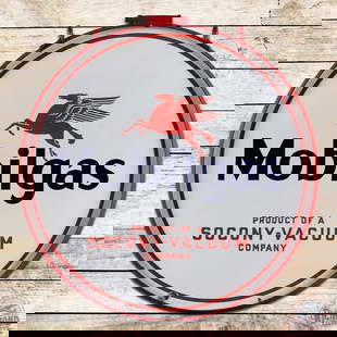 Superb Mobilgas Socony-Vacuum 30" Double Sided Porcelain Sign w/ Ring & Pegasus: Outstanding DSP (double sided porcelain) sign with ring has excellent color and gloss. Side #1 has a clean field with a chip at the lower left mount hole and other small chips along the outer edges.
