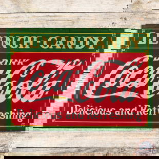 1933 Drink Coca Cola Lunch Candy "Delicious and Refreshing" 5' Double Sided Porcelain Sign: Iconic DSP (double sided porcelain) sign has very good color and gloss. Side #1 has fine scratches with surface wear and a tiny flake in the "O" of Cola. The perimeter has small chips at the mount hol