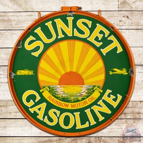 Sunset Rainbow Motor Oil Gasoline 30" Double Sided Porcelain Sign w/ Ring