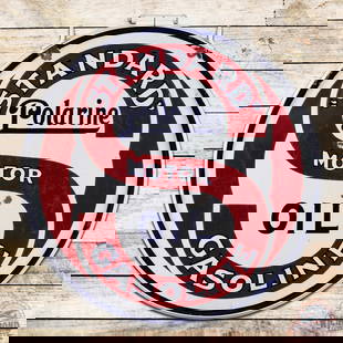 Standard Polarine Motor Oil Gasoline 30" Sign w/ Ring: DSP (double sided porcelain) sign with ring has very good color and gloss. Side #1 has fine scratches with small chips and bruises in the fields. The perimeter has chips at the upper mount holes and