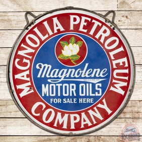 Magnolia Petroleum Company Motor Oils 30" Double Sided Porcelain Sign w/ Ring "Single Flower Logo"