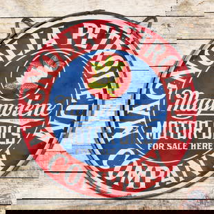 Magnolia Petroleum Company Motor Oils 30" Double Sided Porcelain Sign w/ Ring "Single Flower Logo": DSP (double sided porcelain) sign with ring has good color. Side #1 has surface wear with small chips in the fields and areas of discoloration and lower gloss. The perimeter has small chips along the