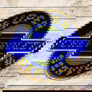 Impressive Chevrolet Super Service 42" Die Cut Single Sided Porcelain Factory Neon Sign: SSP (single sided porcelain) die cut factory neon sign with metal can has excellent color and gloss. The sign features two-color neon with a blue badge and bright yellow surround. The field is excepti
