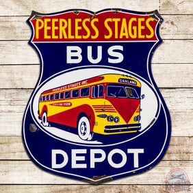 Rare Peerless Stages Depot Double Sided Porcelain Shield Sign w/ Bus