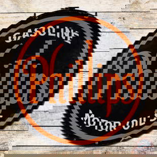 Phillips 66 Gasoline Motor Oils 48" Double Sided Porcelain Sign w/ Ring: DSP (double sided porcelain) sign with ring has very good color and gloss. The display has a small chip in the "P" of Phillips with other small chips in the outer fields. The black porcelain enamel ha