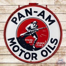 Rare Pan-Am Motor Oils "Stand Up Under Fire!" 30" Double Sided Porcelain Sign w/ Ring & Soldier