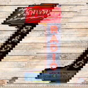 Amazing Zenith Radios 9' Factory Double Sided Porcelain Neon Sign: DSP (double sided porcelain) factory neon sign with original can has excellent color and gloss. The display has a clean field with areas of minor discoloration at the stand supports and insulators. Th