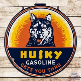 Scarce Husky Gasoline "Gets You Thru" 30" Double Sided Porcelain Sign w/ Ring