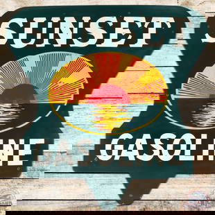 Rare 48" Sunset Gasoline Single Sided Porcelain Die Cut Sign: Incredible SSP (single sided porcelain) Sunset Gasoline sign with Sunset image in the center of the sign. This is one of only a few known examples of this sign. The field has numerous professionally r