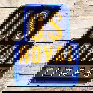 1948 U.S. Royal Tires 3' Single Sided Tin Neon Sign: SST (single sided tin) sign with added neon and metal can has excellent color and shine. The sign features three-color neon, which matches the colors on the sign. The field and perimeter are very clea