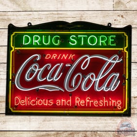 Striking Drink Coca-Cola "Delicious and Refreshing" Drug Store 5' Single Sided Porcelain Neon Sign