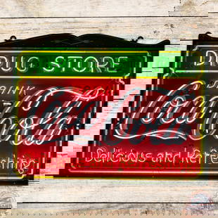 Striking Drink Coca-Cola "Delicious and Refreshing" Drug Store 5' Single Sided Porcelain Neon Sign: SSP (single sided porcelain) self-framed die cut sign with added neon and metal can has excellent color and gloss. The sign features four-color neon with iconic Coca Cola porcelain enamel colors. The