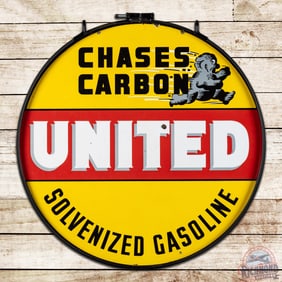 United Solvenized Gasoline "Chases Carbon" 30" Double Sided Porcelain Sign & Ring w/ Dirty Dan