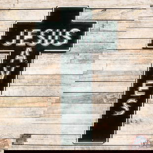 Jesus Saves 7.5' Die Cut Cross Shaped Single Sided Tin Neon: SST (single sided tin) self-framed neon sign with metal can has good color and shine. The sign features older green paint with retouched "Jesus Saves" lettering. The field shows general age-related we