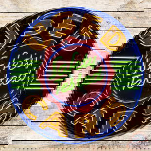 Oldsmobile Safety Tested Used Cars 4' Single Sided Porcelain Neon Sign: SSP (single sided porcelain) sign with added neon and metal can has very good color and gloss. The sign features four-color neon with the Oldsmobile "Safety Tested" logo in the center. The field exhib