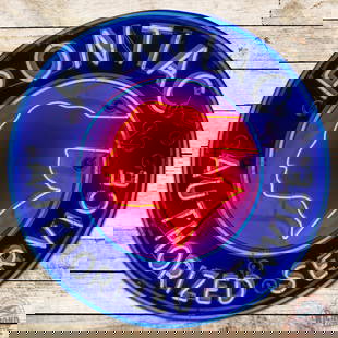 Pontiac Authorized Service 42' Single Sided Porcelain Neon Sign "Chopped Feather": SSP (single sided porcelain) sign with added neon and metal can has very good color and gloss. The field has light wear with color-matched chip at stand supports and insulators. The perimeter has larg