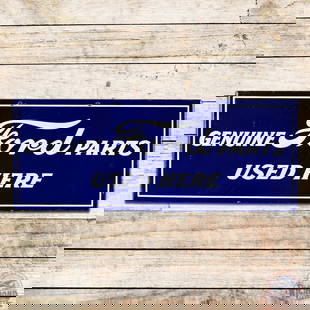 Outstanding 1920 Genuine Ford Parts Used Here Single Sided Porcelain Sign: SSP (single sided porcelain) sign has excellent color and gloss. The field exhibits small factory imperfections and light surface wear. The perimeter has tiny chips and both factory grommets are