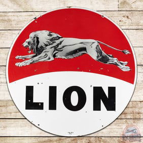 1960 Lion Gasoline 5' Double Sided Porcelain ID Sign "Leaping Lion"