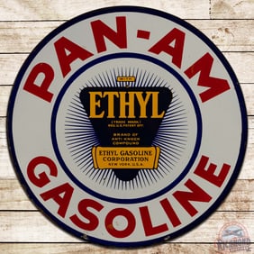 Rare 30" Pan Am Gasoline Ethyl Double Sided Porcelain Lollipop Sign w/ pole and base