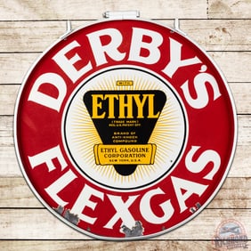 Derby's Flexgas Ethyl Gasoline 30" Double Sided Porcelain Logo Sign w/ Ring