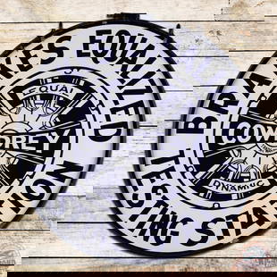 Cowdrey Brakes Equalized Service Station 36" Double Sided Porcelain Sign w/ Ring: DSP (double sided porcelain) sign with ring has very good color and gloss. Side #1 has small chips in the field with light surface wear. The perimeter has small chips at the mount holes and outer
