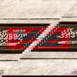 Excellent Drink Dr. Pepper "Good for Life" Emb. Single Sided Tin Sign: SST (single sided tin) embossed sign with added wooden frame has excellent color and shine. The field is clean. The perimeter has light wear with small paint chips on the right edge and a minor bend