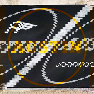 Austin Automobiles Service Single Sided Porcelain Sign w/ Logo: SSP (single sided porcelain) rolled edge sign has good color and gloss. The field has fine scratches with small chips in the lower field. The sign has a slight horizontal bend that runs from side to