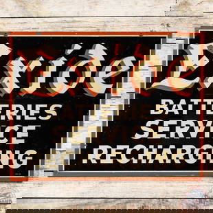 1948 Exide Batteries Service Recharging Double Sided Tin Sign: DST (double sided tin) sign has very good color and shine. The display has surface wear with fine scratches and small paint chips in the field. The perimeter has small added mount holes along the edge
