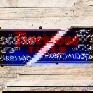 Firestone Tires "Most Miles Per Dollar" 4' Single Sided Porcelain Neon Sign: SSP (single sided porcelain) sign with added neon and metal can has been professionally restored. The sign features vibrant color throughout with two-color neon. The field and perimeter are both excep