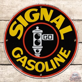 Impressive Signal Gasoline Single Sided Porcelain Pump Plate Sign w/ Black Stop Light Logo