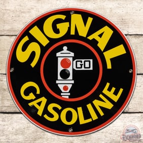 Outstanding Signal Gasoline Single Sided Porcelain Pump Plate Sign w/ Logo