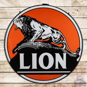 Exceptional Lion Gasoline 6' Double Sided Porcelain ID Sign w/ Ring "Lion on the Rock" Logo