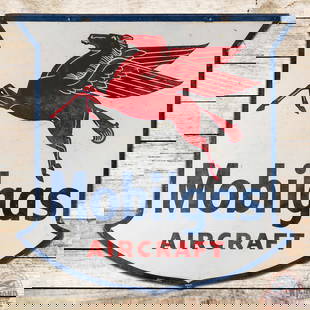 Rare 1947 Mobilgas Aircraft Die Cut Double Sided Porcelain Sign w/ Pegasus: DSP (double sided porcelain) die cut sign has good color. The sign features a large Pegasus graphic in the upper field with scarce "Aircraft" lettering in the lower field. The display is chalky with l