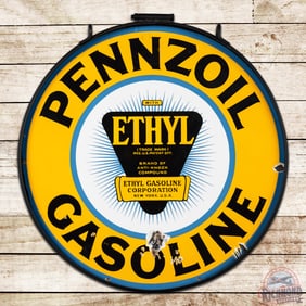 Pennzoil Ethyl Gasoline 30" Double Sided Porcelain Sign w/ Ring "Ethyl Burst"