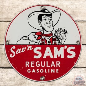Sav'n Sams Regular Gasoline Single Sided Tin Pump Plate Sign w/ Cowboy