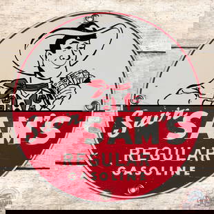Sav'n Sams Regular Gasoline Single Sided Tin Pump Plate Sign w/ Cowboy: SST (single sided tin) pump plate sign has very good color and shine. The field has fine scratches with small paint chips. The perimeter is in a similar condition, and all four factory grommets are