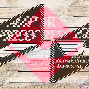 Scarce Railway Express Agency "Air Express" 49" Single Sided Porcelain Aviation Sign w/ Wings: SSP (single sided porcelain) sign has excellent color and gloss. The field exhibits light wear with small chips. The perimeter has small chips at the left-hand mount holes, with other small chips