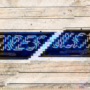 U.S. Tires "More Miles More Safety" 6' Emb. Single Sided Porcelain Neon Sign: SSP (single sided porcelain) embossed self-framed sign with added neon and metal can has very good color and gloss. The field has general surface wear with chips. The perimeter has additional chips
