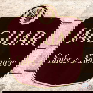 Impressive Jaguar Sales & Service Die Cut Single Sided Porcelain Sign w/ Logo: SSP (single sided porcelain) die cut sign has day one color and gloss. The field is very clean overall with minor surface imperfections. The perimeter has minimal edge wear with flea bites. All in all