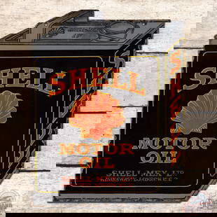 Early Shell Motor Oil Die Cut Double Sided Porcelain Can Shaped Sign: Impressive DSP (double sided porcelain) die cut sign has very good color and gloss. The display is very clean overall with minor wear and slight cloudiness to the black porcelain enamel. The perimeter