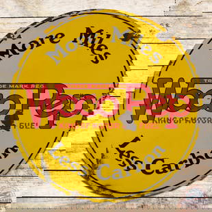 WocoPep "King of Motor Fuel" More Miles Less Carbon 25" Double Sided Porcelain Sign: DSP (double sided porcelain) sign has good color and gloss. The display has chips and crazing in the field. The perimeter has slight bends with areas of heat damage. The edges present with chips,